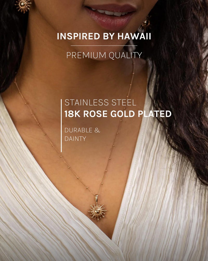 PureleiÂ® Sun Necklace: Waterproof & Adjustable, Chain with sun pendant, 20 to 22 inch adjustable length, 18K Gold plated stainless steel - rosegold - Image 3